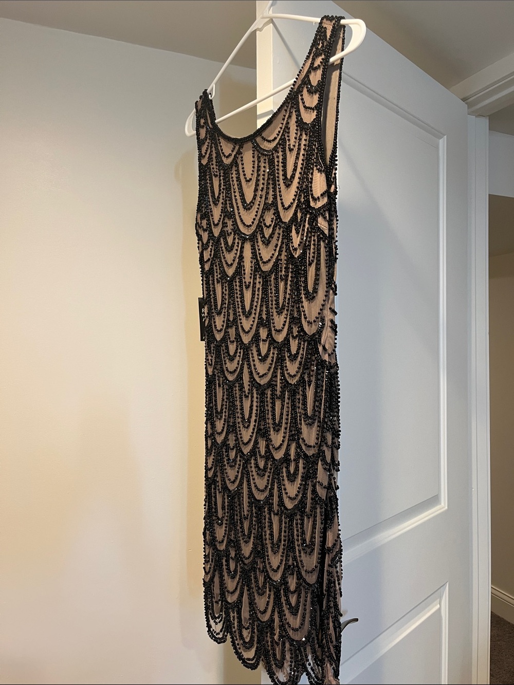 Beaded Black Overlay Cocktail Dress - Nude Lining